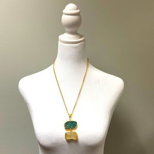 Natural Blue and White Stone on Gold Tone Chain Necklace.